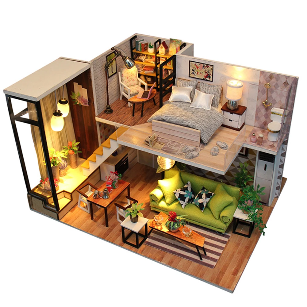 Wooden Doll House Birthday Gift Furnitures DIY Assembling Toy Kit Miniature Villa LED Lights Handwork