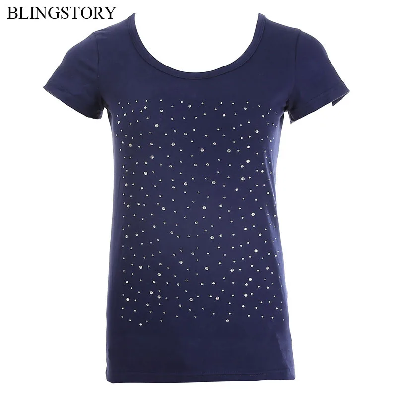 

BLINGSTORY Fashion Summer Large Size Women T Shirt 2018 Short Sleeve Feminine Crystal Bead O Neck Cotton T-shirt LP521T034