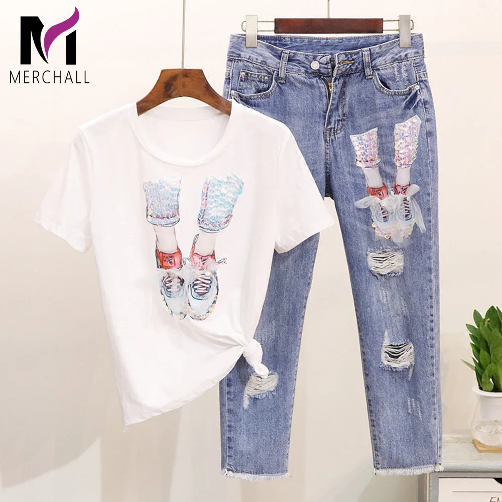 Women Summer Mesh Appliques Sequined Cotton Tshirts + Calf-Length Hole Denim Pants Suit Shoes Pattern Sequins Jeans Clothing Set
Women Summer Mesh Appliques Sequined Cotton Tshirts + Calf-Length Hole Denim Pants Suit Shoes Pattern Sequins Jeans Clothing Set