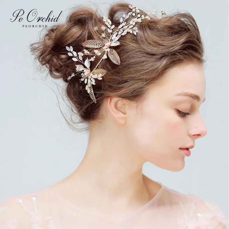 PEORCHID Bridal Hair Jewellery Haar Accessoires Bruid Gold Headband Metal Handmade Flowers Pearls Wedding Piece | Украшения и