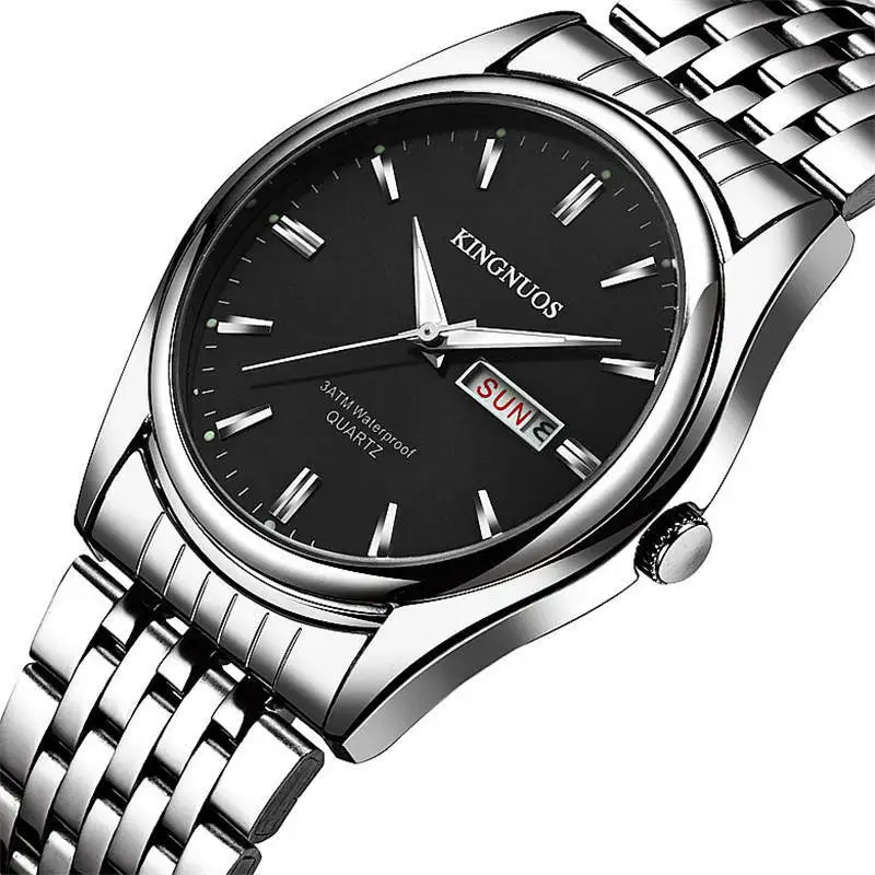 KINGNUOS Men's Watches Black Watchband Stainless Steel Wrist Watch Fashion Quartz Clock English Calendar Hour Time Waterproof | Наручные
