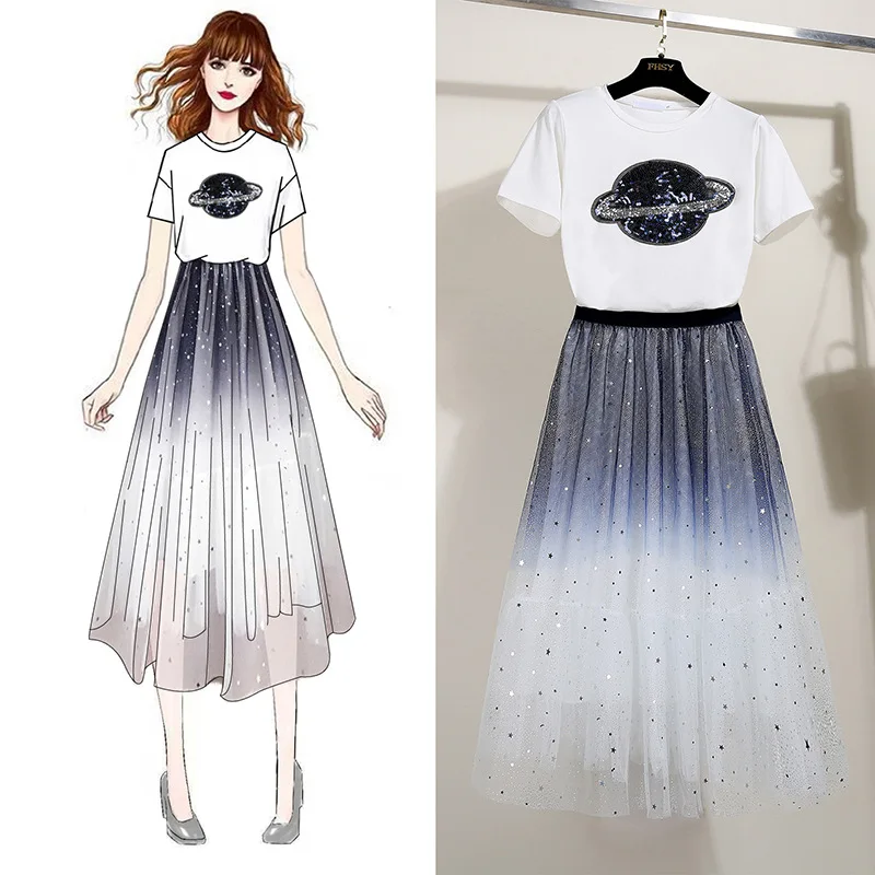 ICHOIX A-line mesh skirt set 2 piece women outfits sequins t-shirt tops and skirt 2 piece sets summer festival clothing 2pcs set
ICHOIX A-line mesh skirt set 2 piece women outfits sequins t-shirt tops and skirt 2 piece sets summer festival clothing 2pcs set