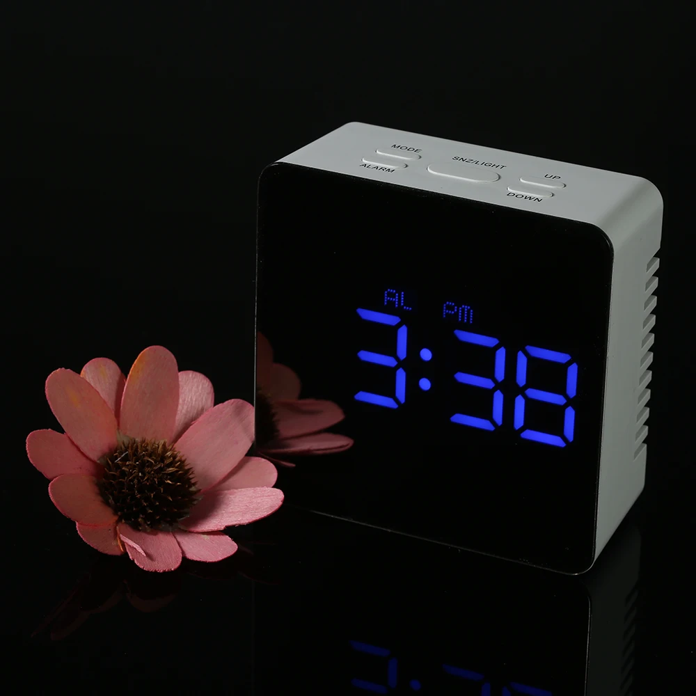 Фото Digital LED Mirror Clock 12H/24H Alarm Desktop Clocks and Snooze Function Indoor Thermometer Adjustable Luminance | Дом и сад