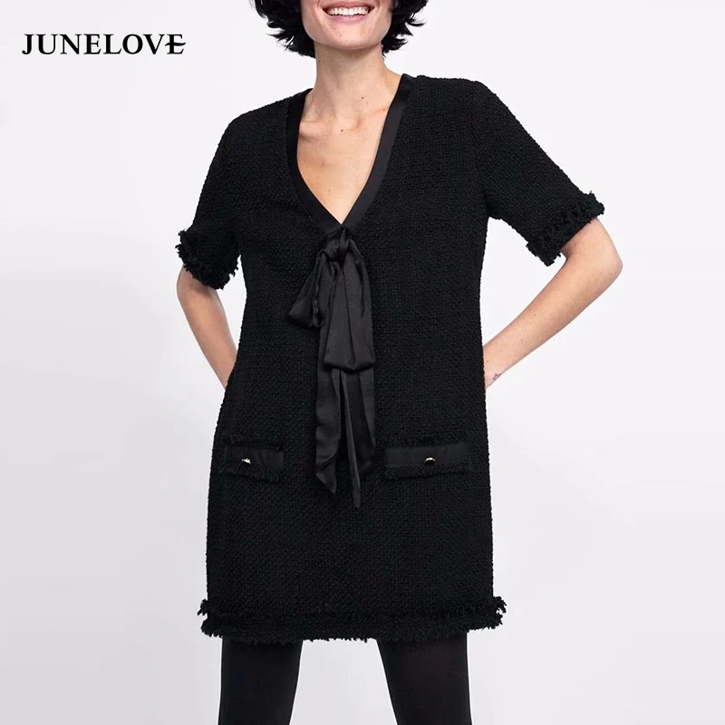 Женское Короткое платье JuneLove с коротким рукавом и бантом винтажное женское