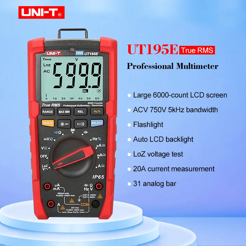 UNI-T UT195E Digital Multimeter Auto Range True rms AC DC Current Voltage with LoZ ACV Duty ratio 2M drop proof
UNI-T UT195E Digital Multimeter Auto Range True rms AC DC Current Voltage with LoZ ACV Duty ratio 2M drop proof