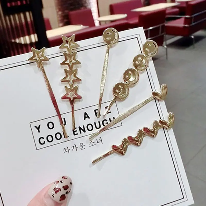 Women Sweet Girls Korean Style One Word Hair Clips Metal Alloy Electroplate Bobby Pin Minimalist Hollow Star Smile Face Straight
Women Sweet Girls Korean Style One Word Hair Clips Metal Alloy Electroplate Bobby Pin Minimalist Hollow Star Smile Face Straight