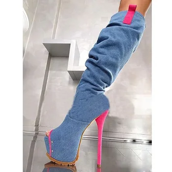 2018 High Quality Knee High Ultra Heels Platform Boots Slim Motorcycle Plaid Denim Boots Hot Selling Peep Toe For Women
2018 High Quality Knee High Ultra Heels Platform Boots Slim Motorcycle Plaid Denim Boots Hot Selling Peep Toe For Women