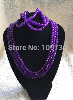 hot sell > 3Rows 6mm purple JadeJewelry Necklace Bracelet Set Silver Clasp