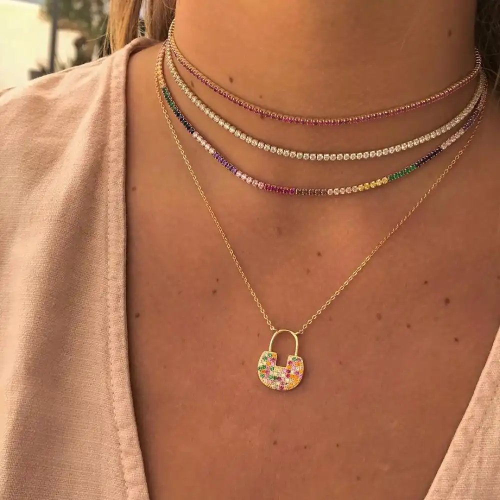 colorful cz charm choker with tiny link chain necklace jewelry