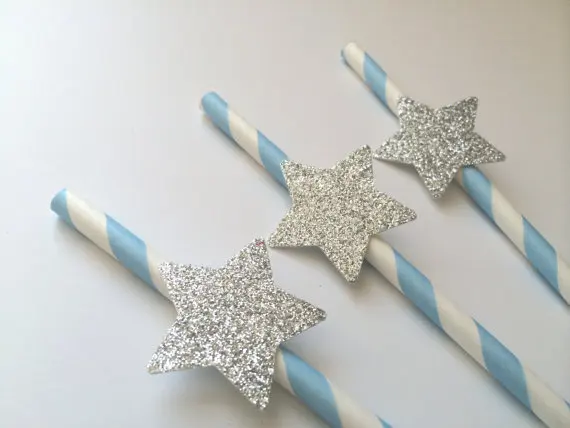 Фото 2019 светло-голубые соломинки с серебряными блестящими звездами для свадебной