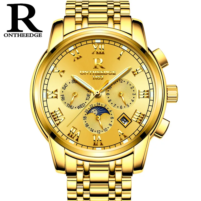 

business mens watches gold Automatic Mechanical Wristwatches 316L stainless steel waterproof Moon Phase calendar ontheedge brand