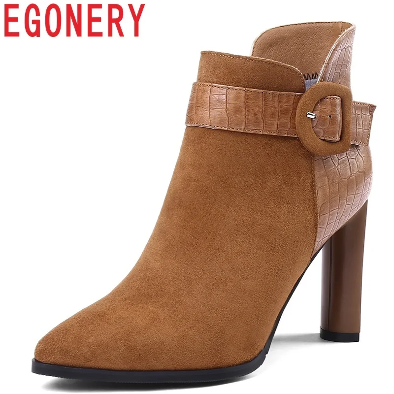 

EGONERY women shoes 2019 newest fashion sexy flock and pu super high strange style zip winter outside two colors ankle boots