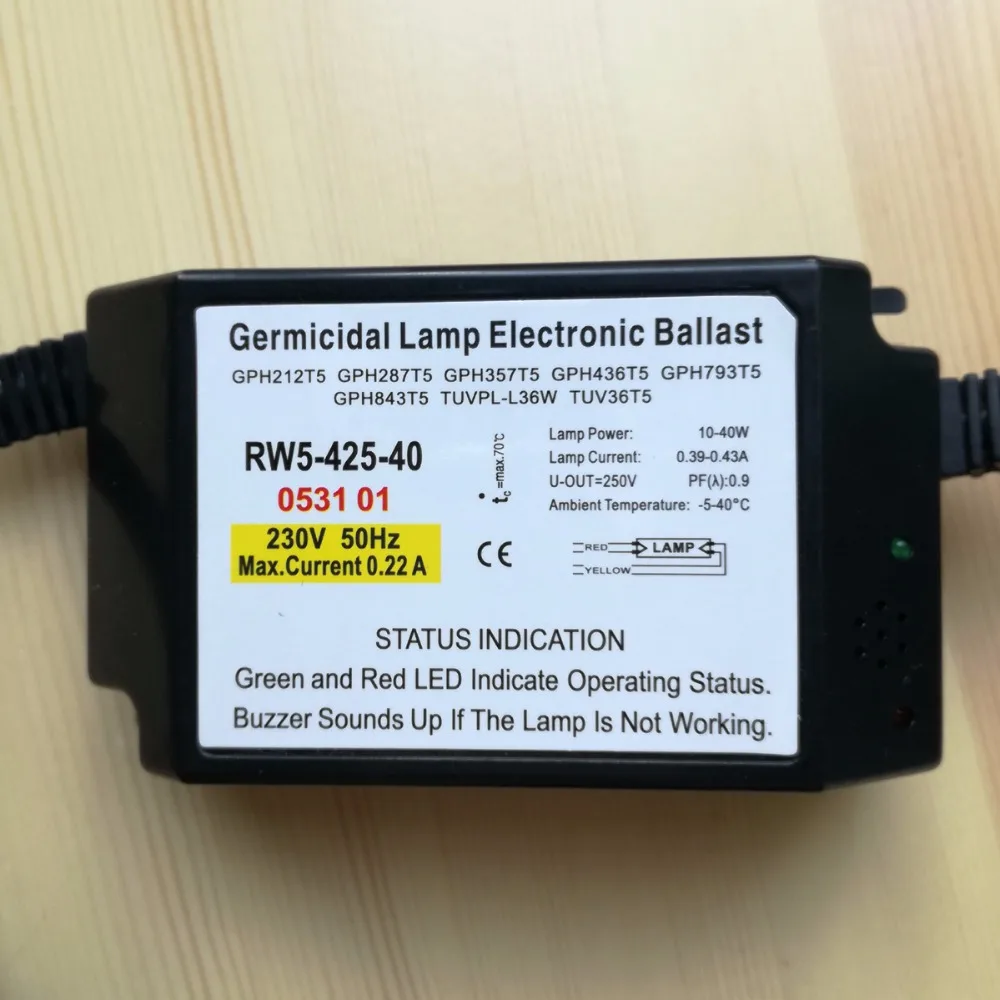 EU RW5-425-40 Standard Germicidal Lamp Electronic Ballasts UV Ballast with Buzzer Sounds Alarm Function IP60 CE certificate
EU RW5-425-40 Standard Germicidal Lamp Electronic Ballasts UV Ballast with Buzzer Sounds Alarm Function IP60 CE certificate