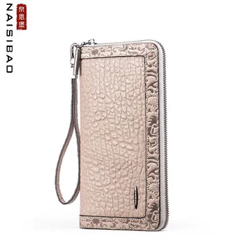 

NAISIBAO 2020 New Genuine Leather wallet top Cowhide Embossing women leather wallets Luxury Fashion leather women clutch bag