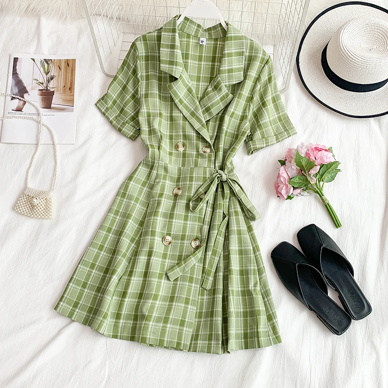 MUMUZI Vintage european dress plaid suit collar short-sleeved dresses double-breasted waist with belt A-line dress female
MUMUZI Vintage european dress plaid suit collar short-sleeved dresses double-breasted waist with belt A-line dress female