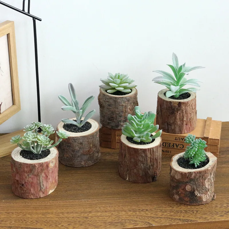 JAROWN Artificial Succulent Plants Potted Set Real Wooden Pile Flowerpot For Home Decoration Office Tabletop Decor (7)
