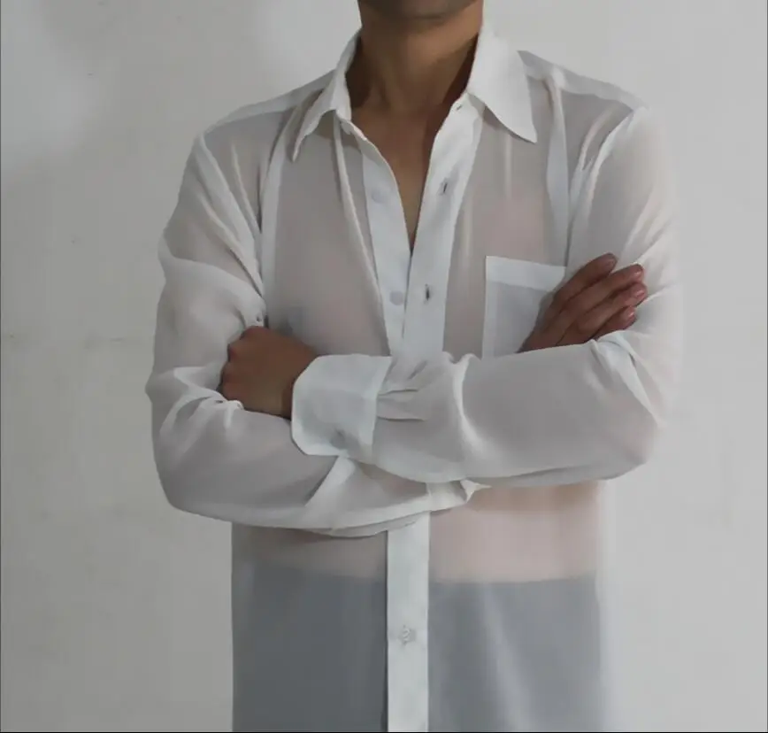 S-4XL Men chiffon transparent long-sleeved shirt, smooth cool, self-cultivation,gay generally loose shirts plus size costumes
S-4XL Men chiffon transparent long-sleeved shirt, smooth cool, self-cultivation,gay generally loose shirts plus size costumes