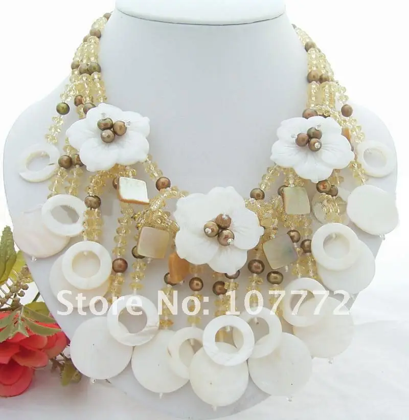 Charming! 3 strands Pearl Shell Crysta Flower l Necklace