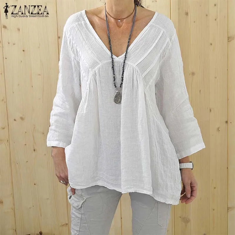 ZANZEA Autumn Shirt Women Cotton Linen Blouse Femininas Casual Elegant V Neck 3/4 Sleeve Solid Work Blusas Tunic Tops Robe Femme
ZANZEA Autumn Shirt Women Cotton Linen Blouse Femininas Casual Elegant V Neck 3/4 Sleeve Solid Work Blusas Tunic Tops Robe Femme