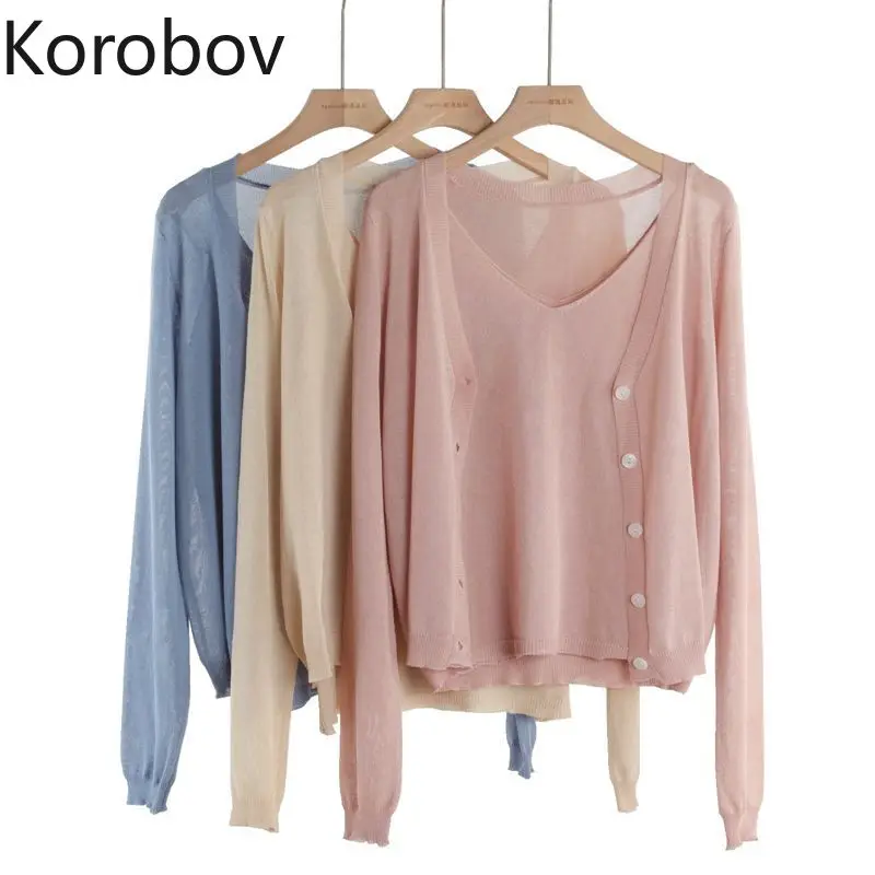 Korobov Summer Korean New 2 Piece Set Sweaters Women Knitted V-Neck Tank Thin Single Breasted Cardigans Female Tops 78566
Korobov Summer Korean New 2 Piece Set Sweaters Women Knitted V-Neck Tank Thin Single Breasted Cardigans Female Tops 78566