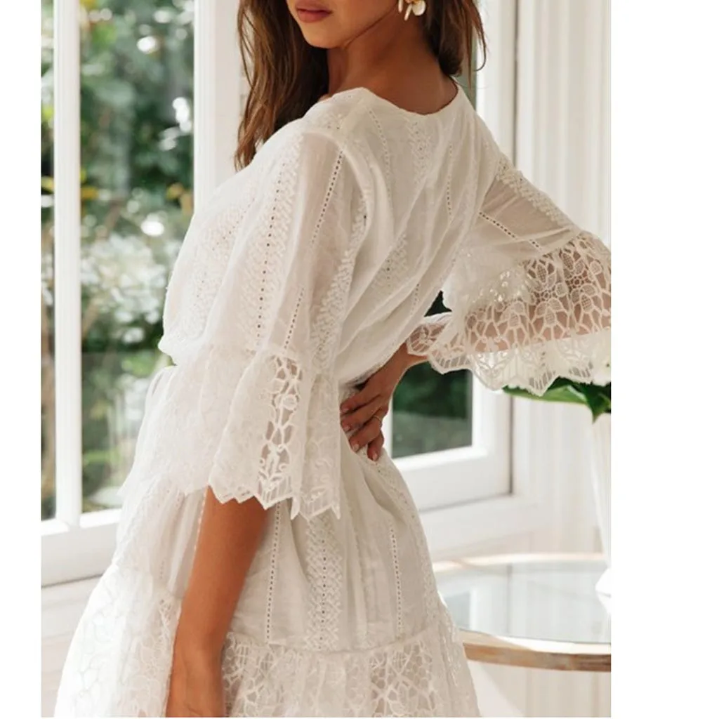 Summer Dress Women Pure White A Line Empire V Collar Three Quarter Sleeve Lace Decoration Casual Tie Fairy Style Vestidos OY41*
Summer Dress Women Pure White A Line Empire V Collar Three Quarter Sleeve Lace Decoration Casual Tie Fairy Style Vestidos OY41*
