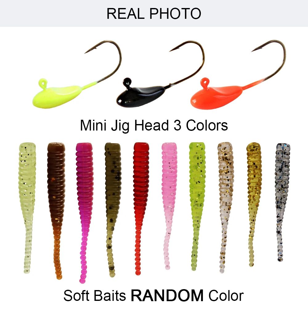 RoseWood New Freshwater Fishing Lures Kit 1.1g Micro Lead Head Hooks Soft Artificial Worm Baits Sea Bass Carp Fishing Jig Group (4)