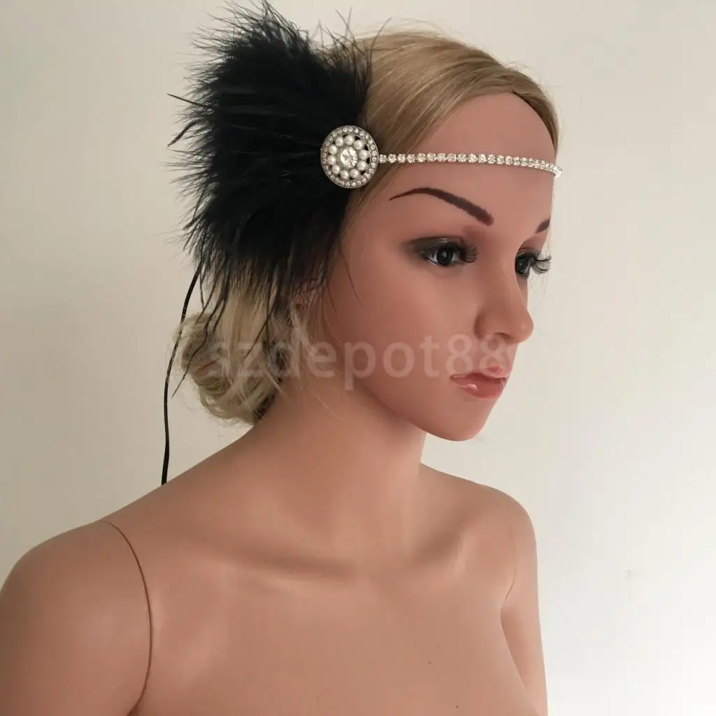 

1920s Great Gatsby Vintage Black Feather Pearls Rhinestone Chain Flapper Headband Fancy Dress Ascot Race Headdress
