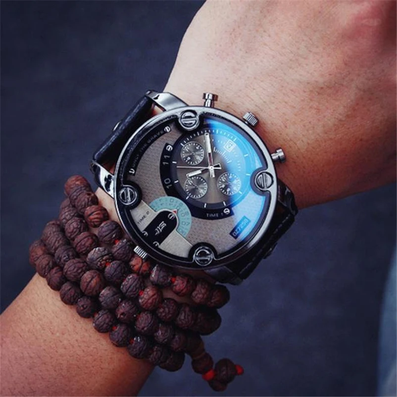 

Fashion Large dial JIS Brand High Quality Blue Ray Black Brown Leather Band Steel Shell Men Male Quartz Watch Wristwatches Clock