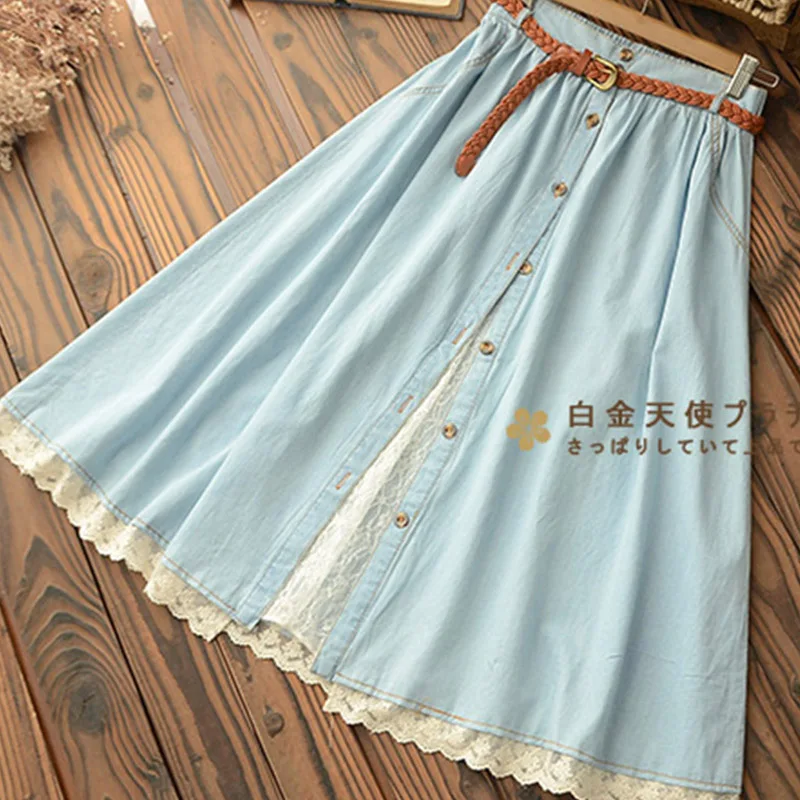 Mori Girl Casual Sweet Skirt Women Denim With Belt Solid Blue Lace Hem Female Mid Calf Skirt High Waist Skirts U157
Mori Girl Casual Sweet Skirt Women Denim With Belt Solid Blue Lace Hem Female Mid Calf Skirt High Waist Skirts U157
