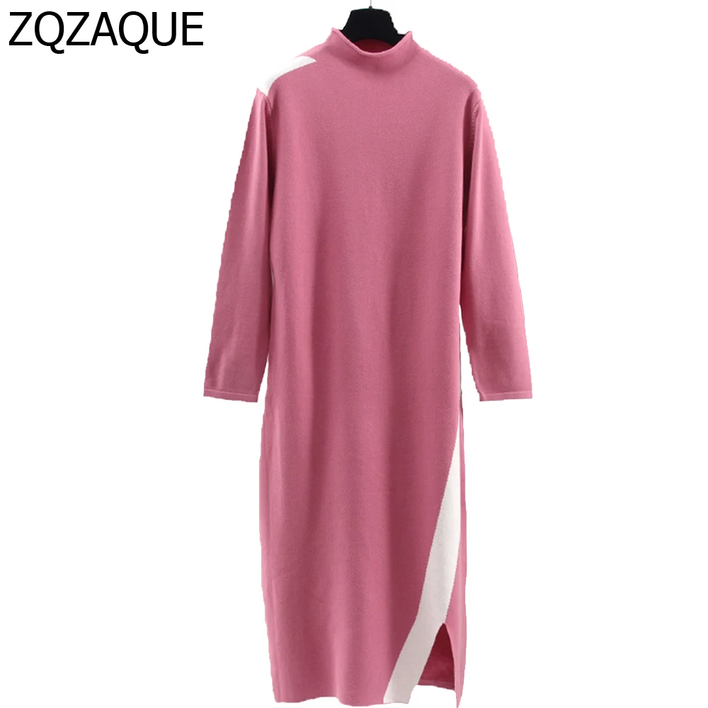 Image New Korean Style Winter Thick Warm Long Dress Women s Half Turtleneck Loose Bottom Knitted Dresses All match Autumn Dress SY883