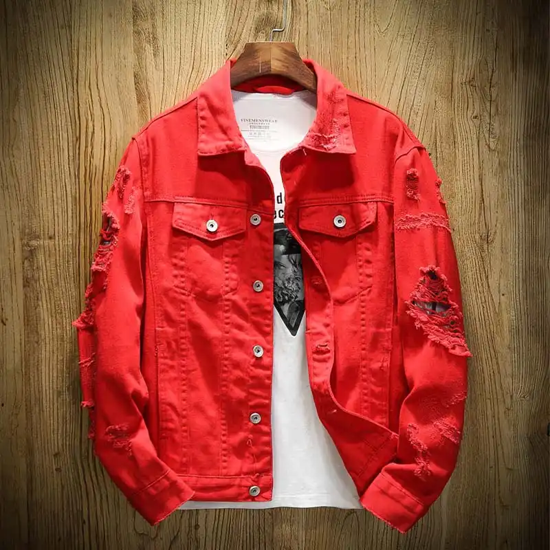 red colour denim jacket