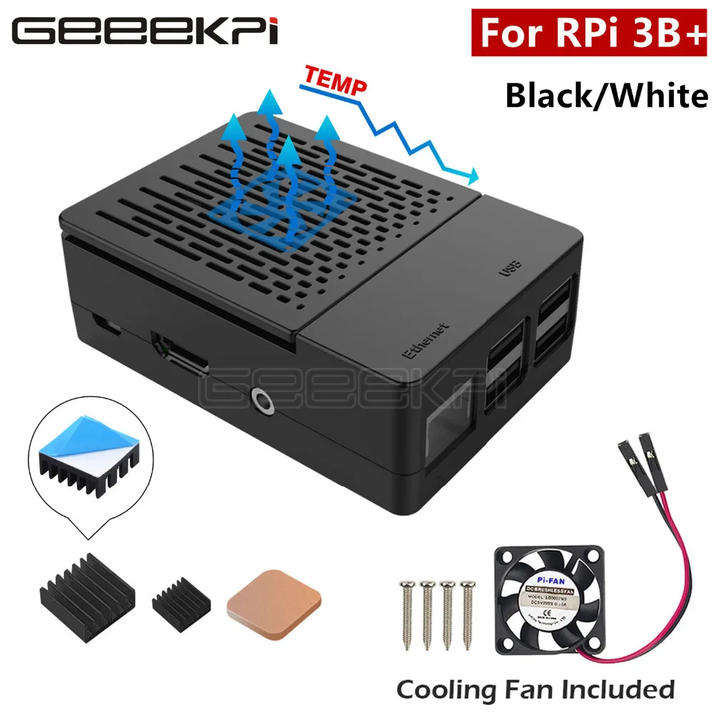 GeeekPi ABS Black / White Case Cover Enclosure Shell Box + Heat Sinks + Cooling Fan for Raspberry Pi 3 B+ Plus / 3 B / 2 B 
GeeekPi ABS Black / White Case Cover Enclosure Shell Box + Heat Sinks + Cooling Fan for Raspberry Pi 3 B+ Plus / 3 B / 2 B