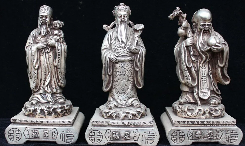 8" China Silver Blessing Fu Lu Shou 3 Mammon Gods Ruyi Base Set Dragon Statue R0707
8" China Silver Blessing Fu Lu Shou 3 Mammon Gods Ruyi Base Set Dragon Statue R0707