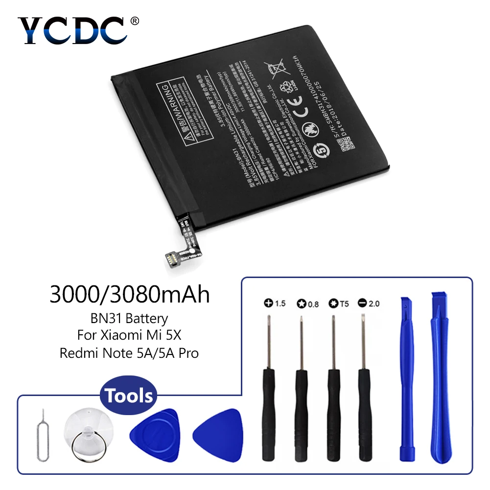 Rechargeable 3080mAh Replacement Phone Battery BN31 BN-31 BN 31 For Xiaomi Mi 5X Redmi Note 5A Y1 Lite + Repair Tools Kit
Rechargeable 3080mAh Replacement Phone Battery BN31 BN-31 BN 31 For Xiaomi Mi 5X Redmi Note 5A Y1 Lite + Repair Tools Kit