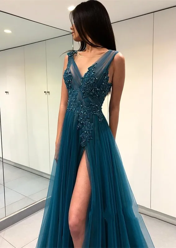 Sexy Backless Prom Gown High Slit Evening Party Dress Beading Crystal Tulle Top Applique Evening Gown Formal Prom Dress Blue
Sexy Backless Prom Gown High Slit Evening Party Dress Beading Crystal Tulle Top Applique Evening Gown Formal Prom Dress Blue