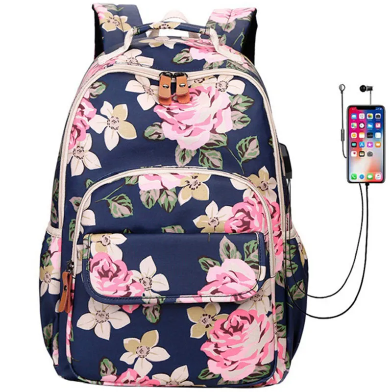Новый женский рюкзак с цветочным принтом usb порт для зарядки школьные рюкзаки