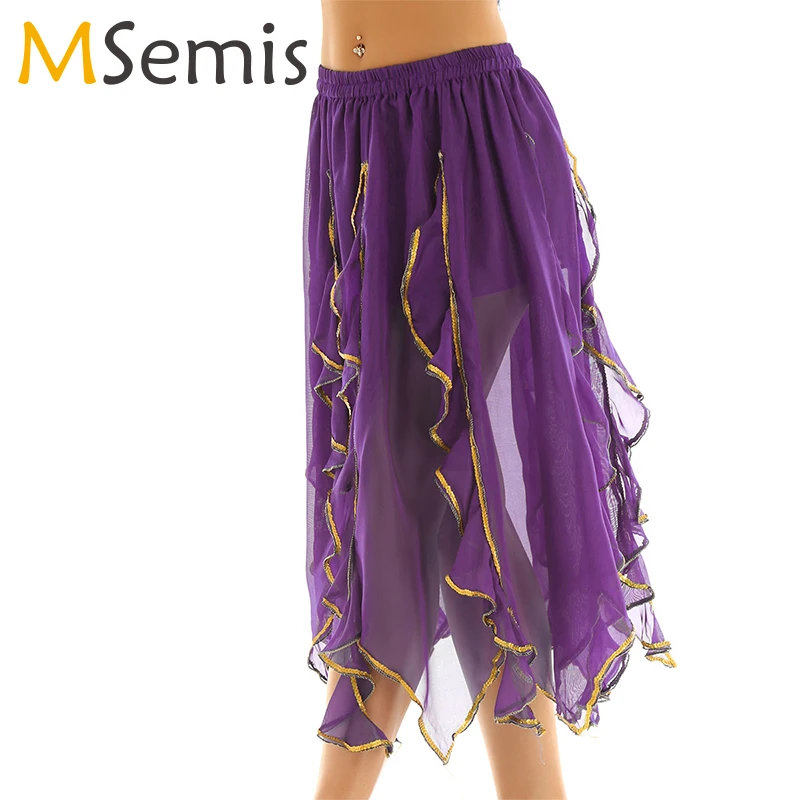 Women Belly Dance Panel Skirt Elastic Waistband Ruffled Gold Trim Asymmetric Maxi Tribal Chiffon Performance Costume Dance Skirt
Women Belly Dance Panel Skirt Elastic Waistband Ruffled Gold Trim Asymmetric Maxi Tribal Chiffon Performance Costume Dance Skirt