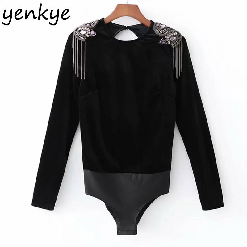 Sexy Backless Velvet Bodysuit Women Faux Beading Appliques Shoulder O Neck Long Sleeve Black Body mujer Playsuit Tops
Sexy Backless Velvet Bodysuit Women Faux Beading Appliques Shoulder O Neck Long Sleeve Black Body mujer Playsuit Tops