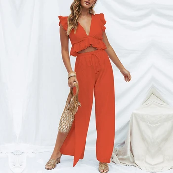 Women Two Piece Suits Sets Fashion Solid Sexy Deep V Neck Top Split Elastic Long Pants Sets Suit Female Summer New
Women Two Piece Suits Sets Fashion Solid Sexy Deep V Neck Top Split Elastic Long Pants Sets Suit Female Summer New