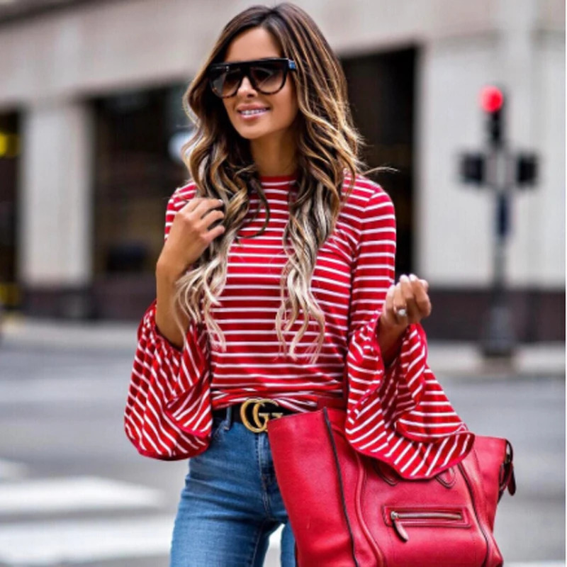 Women Vintage Fashion White And Red Striped Shirt Blouses Cotton Blend Tops Retro Roupas Flare Sleeve Femininas Shirts