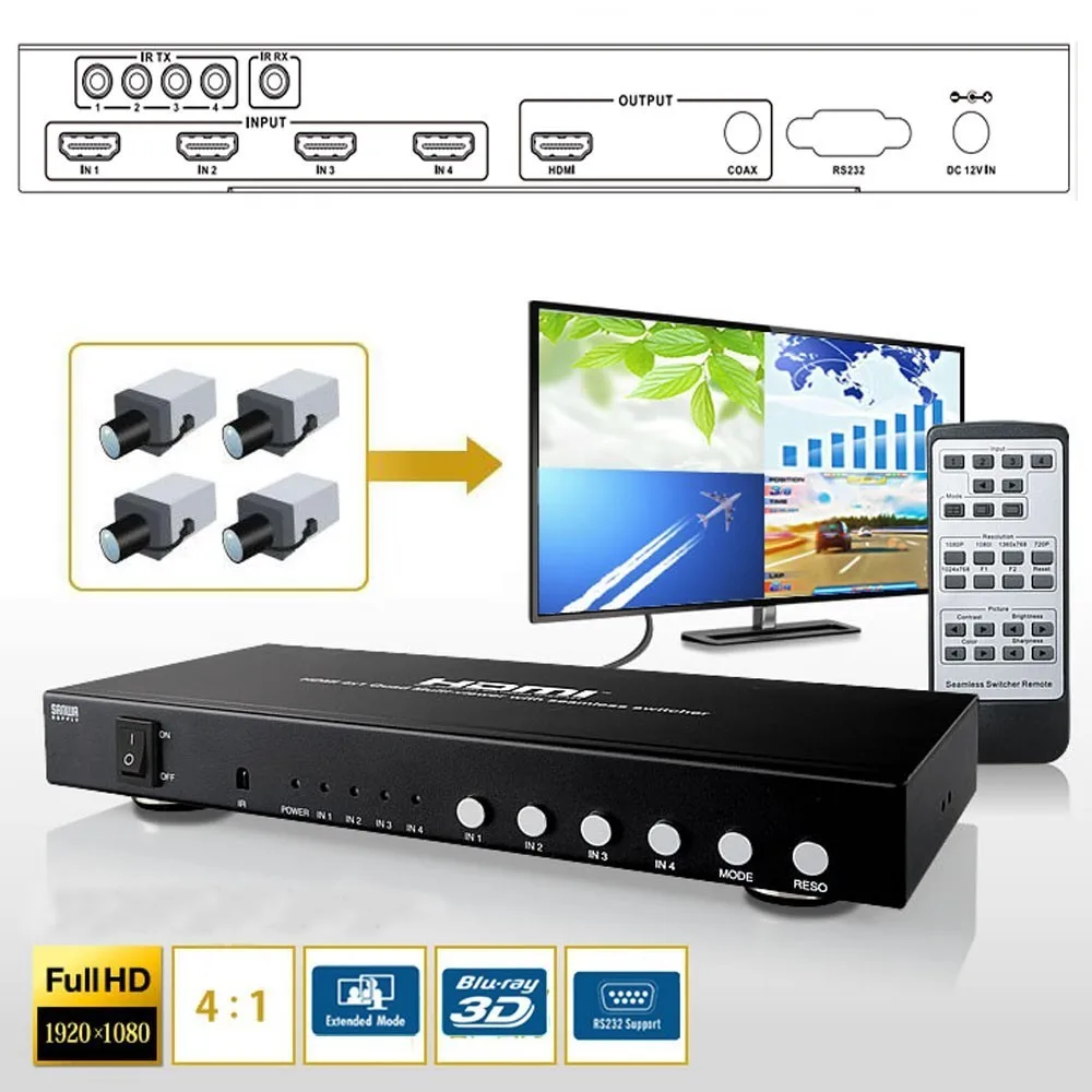 HDMI 4x1 четырехъядерный переключатель изображений, многоэкранный, бесшовный переключатель цифрового аудио LPCM DTS PC RS232, ИК-пульт дистанционного управления
HDMI 4x1 четырехъядерный переключатель изображений, многоэкранный, бесшовный переключатель цифрового аудио LPCM DTS PC RS232, ИК-пульт дистанционного управления