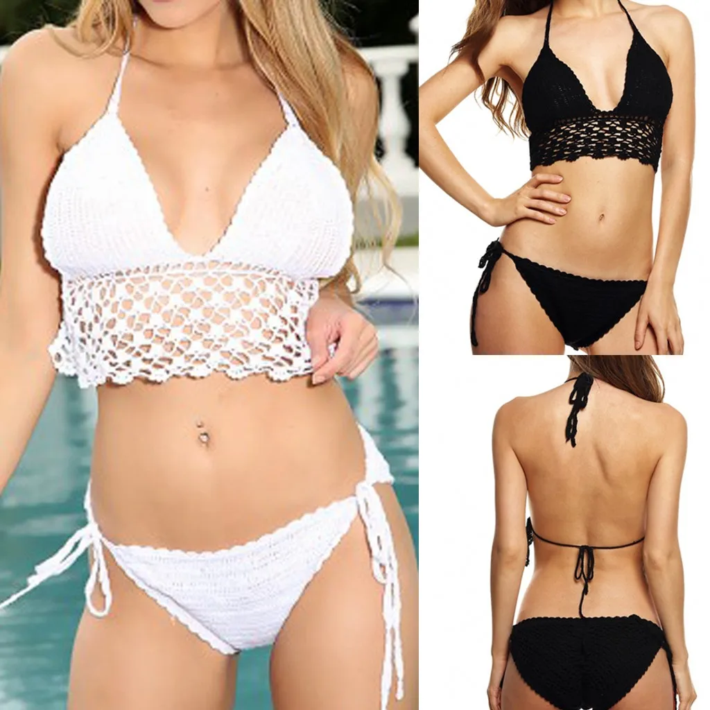 2019 новый стиль купальник с лентами Camisole чистый цвет бикини набор ручной вязки