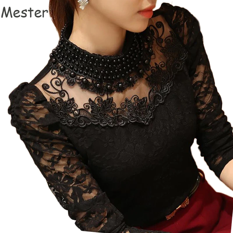 Women Elegant Beaded Collar Long Sleeve Lace Blouse Slim Fit Floral Lace Embroidered Mesh Patchwork Bottoming Shirt Black/White
Women Elegant Beaded Collar Long Sleeve Lace Blouse Slim Fit Floral Lace Embroidered Mesh Patchwork Bottoming Shirt Black/White