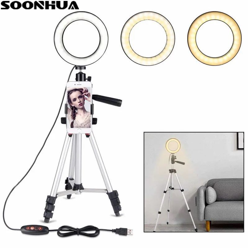 

SOONHUA Tripod Stand Dimmable LED Studio Camera Ring Fill Light Video Live Photo Light With Phone Holder Tripods Selfie Stick