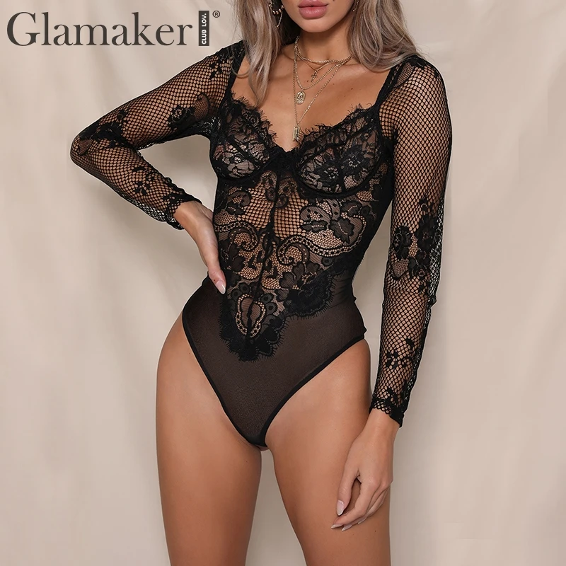 Glamaker Embroidery eyelash black lace bodysuit Transparent long sleeve sexy bodysuit Female floral thong mesh women bodysuit
Glamaker Embroidery eyelash black lace bodysuit Transparent long sleeve sexy bodysuit Female floral thong mesh women bodysuit