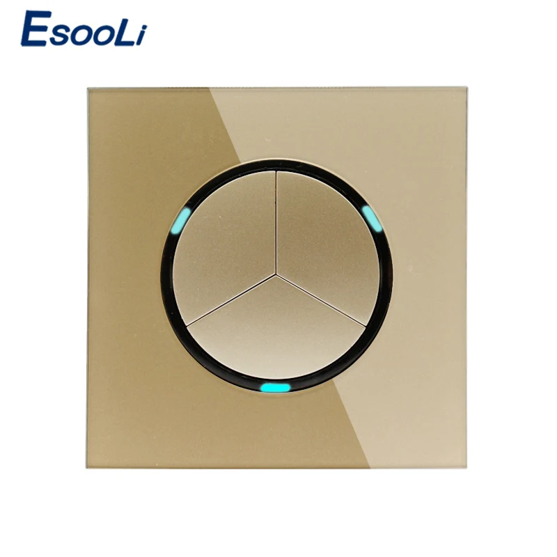 Esooli 2019 New Arrival Gold Crystal Glass Panel 3 Gang 1 Way Random Click On / Off Wall Light Switch With LED Indicator
Esooli 2019 New Arrival Gold Crystal Glass Panel 3 Gang 1 Way Random Click On / Off Wall Light Switch With LED Indicator