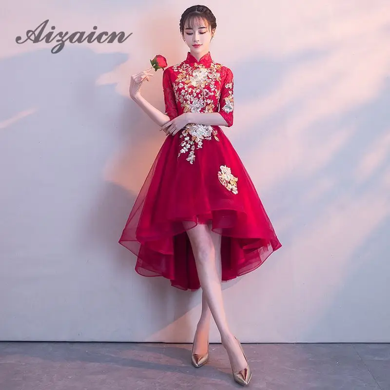 Женское традиционное китайское платье Ципао с красной цветочной вышивкой