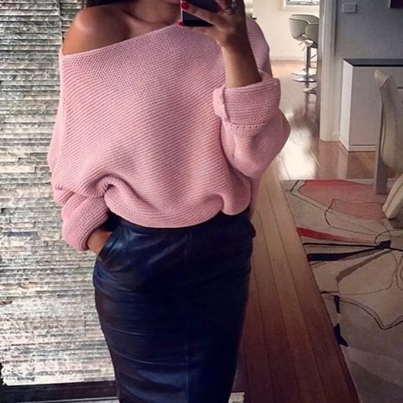 Sexy Off Shoulder Sweater Women Autumn 2018 Streetwear Solid Color Loose Round Neck Long Sleeve Pullover Tops Roupas Feminina (2)