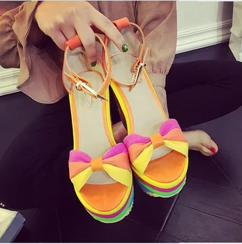 Woman rainbow shoes fashion wedge heel high platform ladies shoes orange blue bowtie bukcle sandals big sale free shipping
Woman rainbow shoes fashion wedge heel high platform ladies shoes orange blue bowtie bukcle sandals big sale free shipping