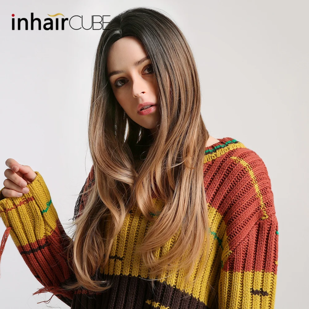 

Inhair Cube Ombre Synthetic Long Natural Wave Dark Brown with Highlights Hair Centre Parting Hairstyle Free Shipping